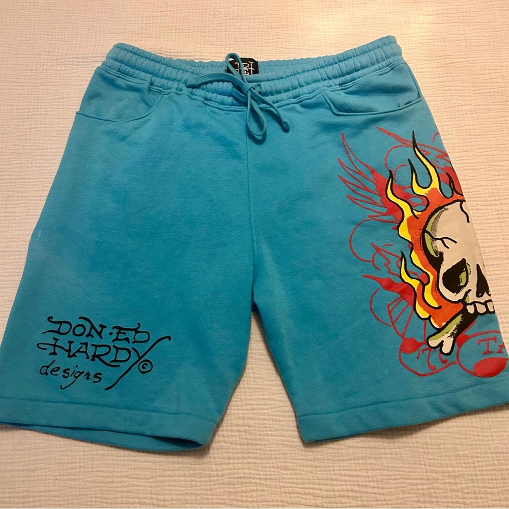 Don Ed Hardy Collab Blue Logo Skull Shorts Sz M Medium